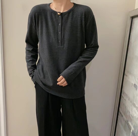 THEONE8205羊绒大版长袖女T恤 圆领休闲款开襟宽松大码女上衣打底