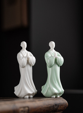 中式陶瓷小和尚摆件禅意茶室空间装饰客厅书房陶瓷工艺品桌面摆设