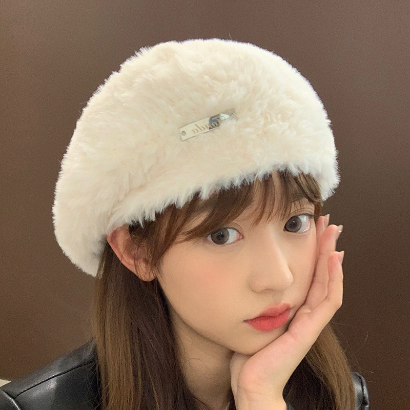 秋冬新款毛毛帽子女韩版百搭兔毛贝雷帽显脸小保暖毛绒画家帽