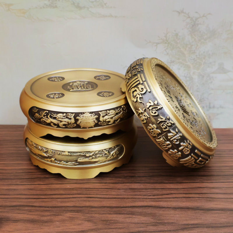 黄铜立体浮雕百福底座托架创意烟灰缸雕刻山水底座摆件托盘木底座