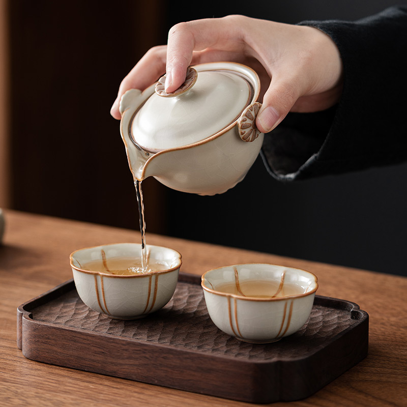 米黄汝窑茶具套装：一壶两杯快客