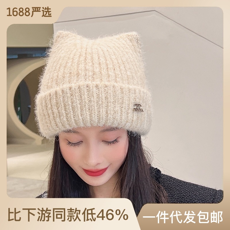 冷帽针织百搭帽子女大头围显脸小保暖毛线帽护耳百搭套头堆堆帽