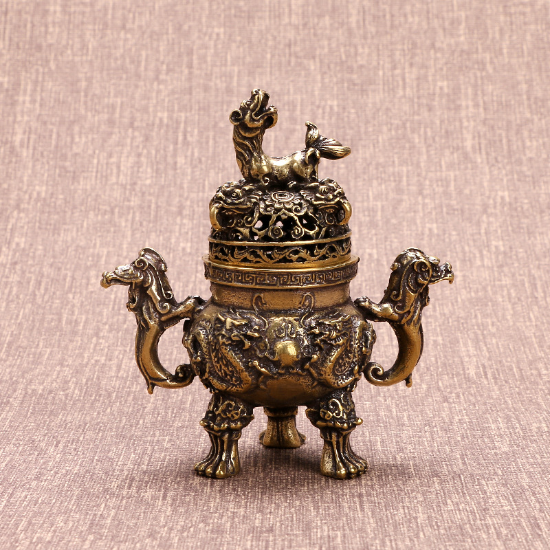古玩铜器摆件大明宣德双龙戏珠铜香炉复古黄铜熏香炉家居用品收藏