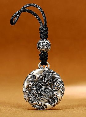 九龙戏珠钥匙扣男女网红车挂件足银国风复古高级车内用品挂饰吊坠