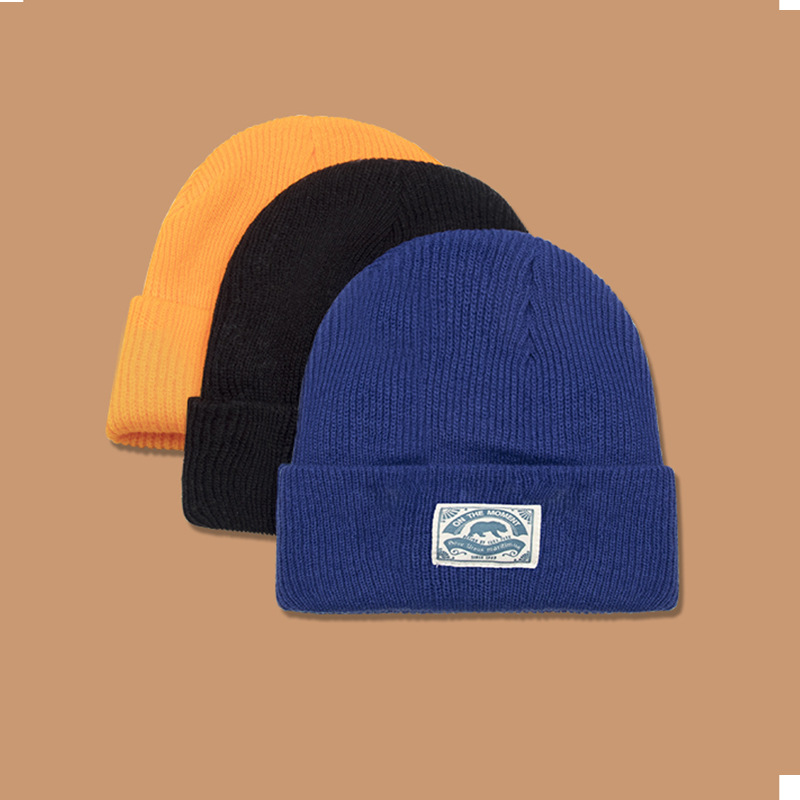 秋冬针织毛线帽女日系可爱北极熊贴布套头帽子保暖针织瓜皮帽男潮