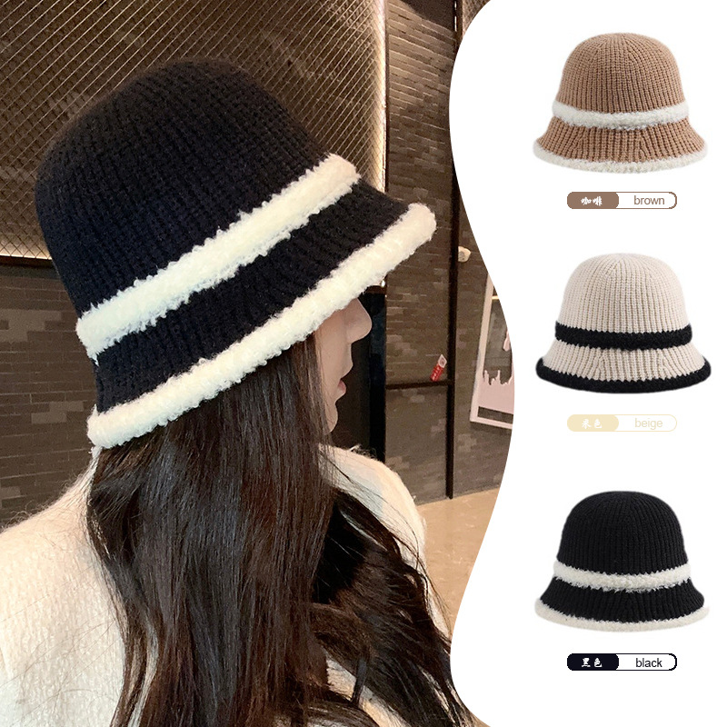 毛绒拼接毛线渔夫帽女秋冬百搭保暖网红大头围素颜显脸小水桶帽潮