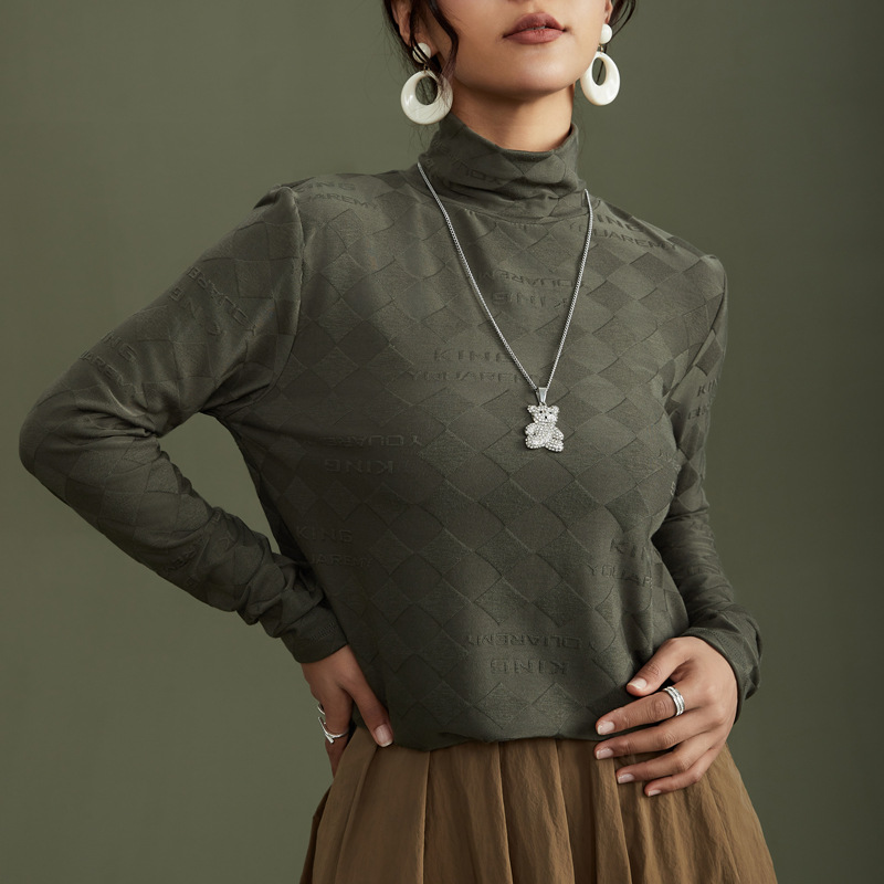 秋冬新款时尚显瘦遮肉半高领大码提花洋气内搭打底衫长袖上衣