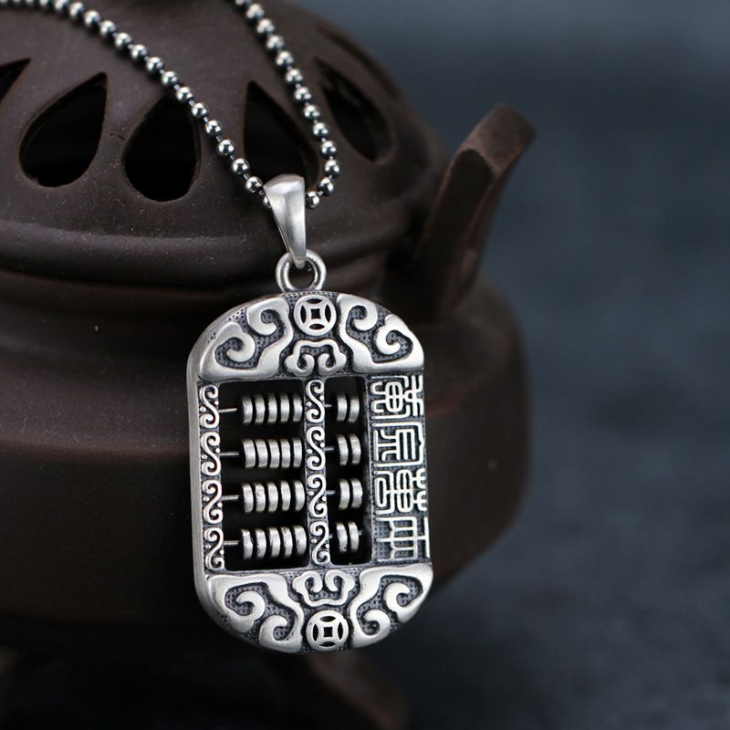 925纯银毛衣链女时尚圆珠链如意项链银复古算盘吊坠长款百搭饰品