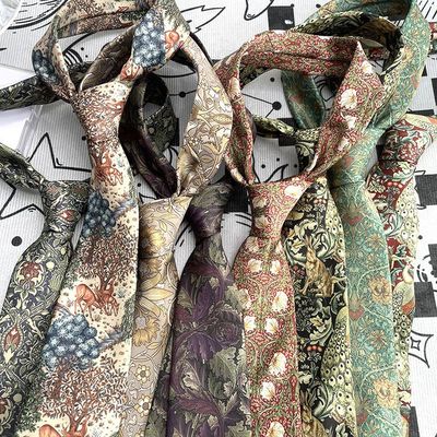 复古印花领带港风文艺意式男女手打油画休闲花纹绿色趣味碎花动物