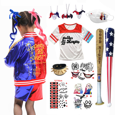 万圣节刺绣儿童小丑女服装哈莉奎茵自杀小队外套恤短裤配件