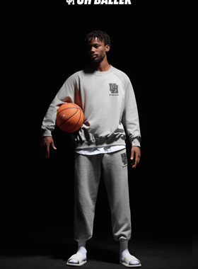 UH美式篮球运动套装灰色卫衣卫裤春秋新款纯棉无帽上衣休闲长裤男