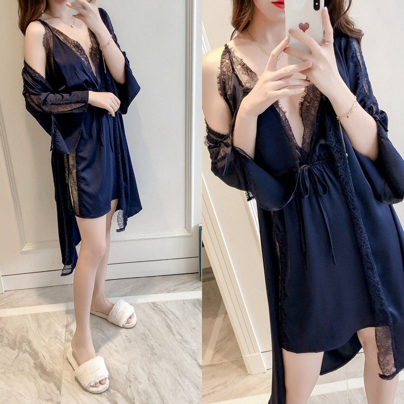 蕾丝情趣睡衣女春秋性感睡袍骚吊带睡裙冰丝性感睡衣女两件套大码