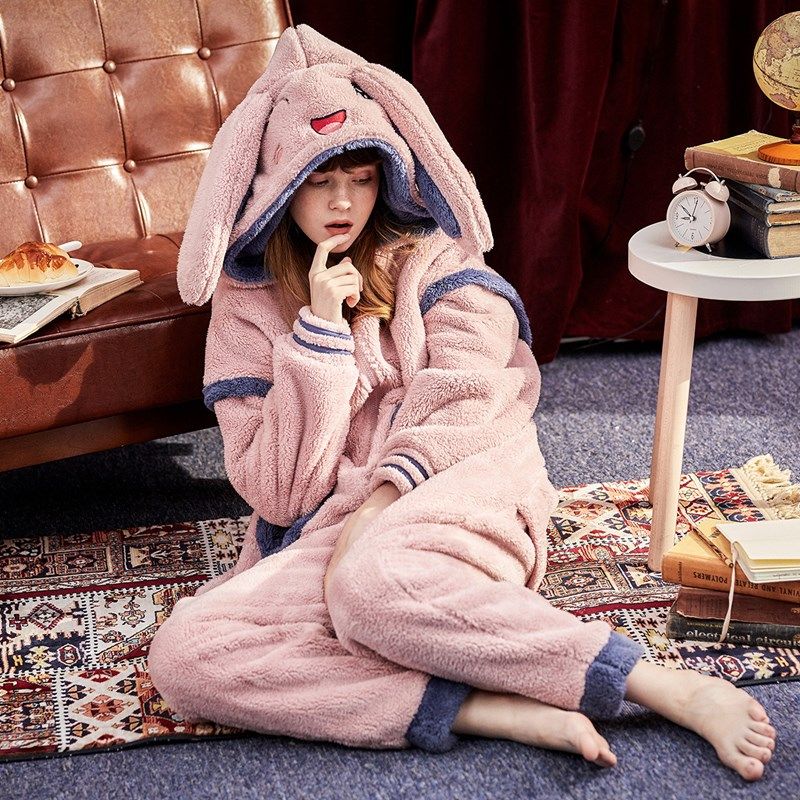 珊瑚绒睡衣女秋冬 可爱兔耳朵连体裤保暖加厚新品家居服 防寒保暖