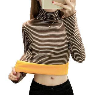 秋冬季韩版新款保暖加绒加厚高领打底衫上衣条纹内搭大码女装t恤