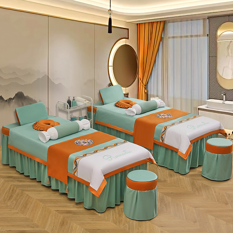 中式刺绣美容床罩四件套纯棉高档轻奢美容院专用按摩床罩四季通用