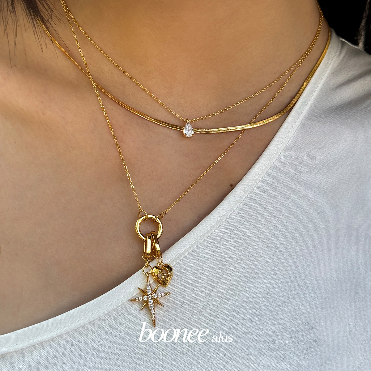 Boonee alus欧美多层叠戴复古八芒星爱心长项链高级感爆款锁骨链