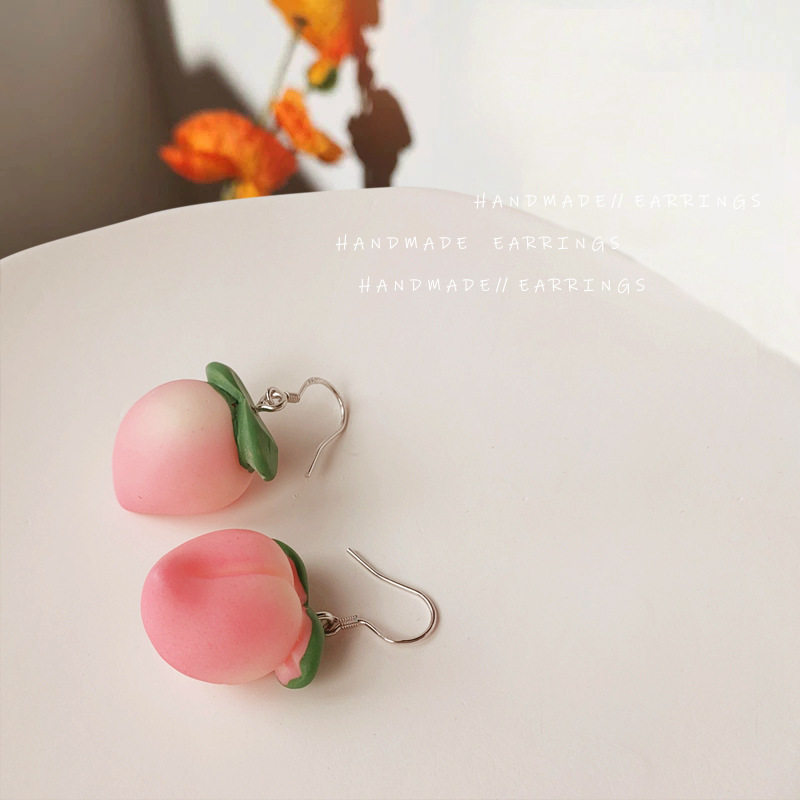 手作软陶水蜜桃s925银针耳环清新少女心桃子漂亮