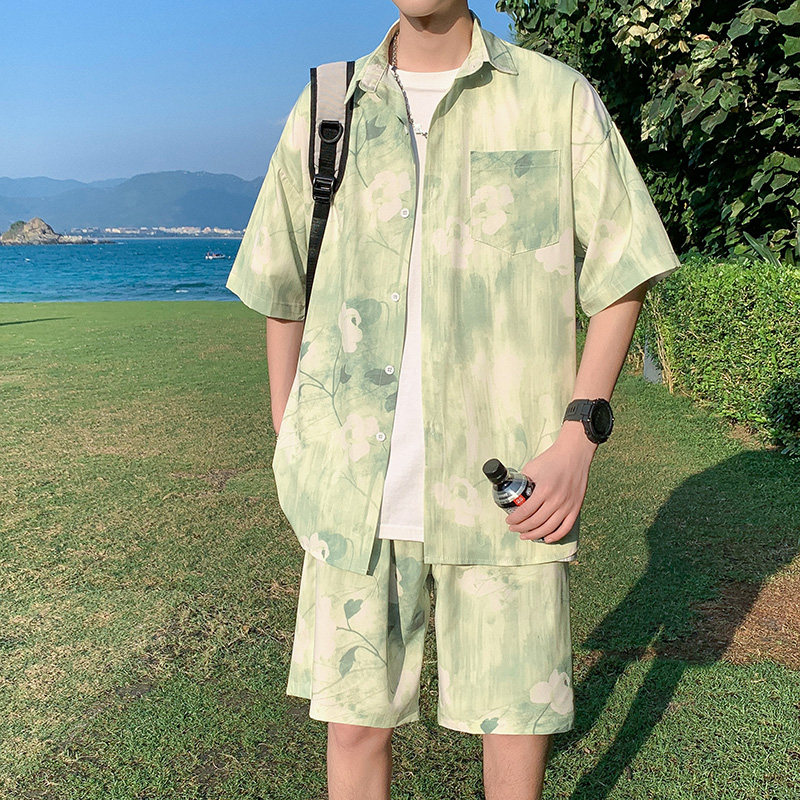 沙滩衬衫男短袖冰丝海边度假男装三亚旅行穿搭男生夏威夷情侣套装