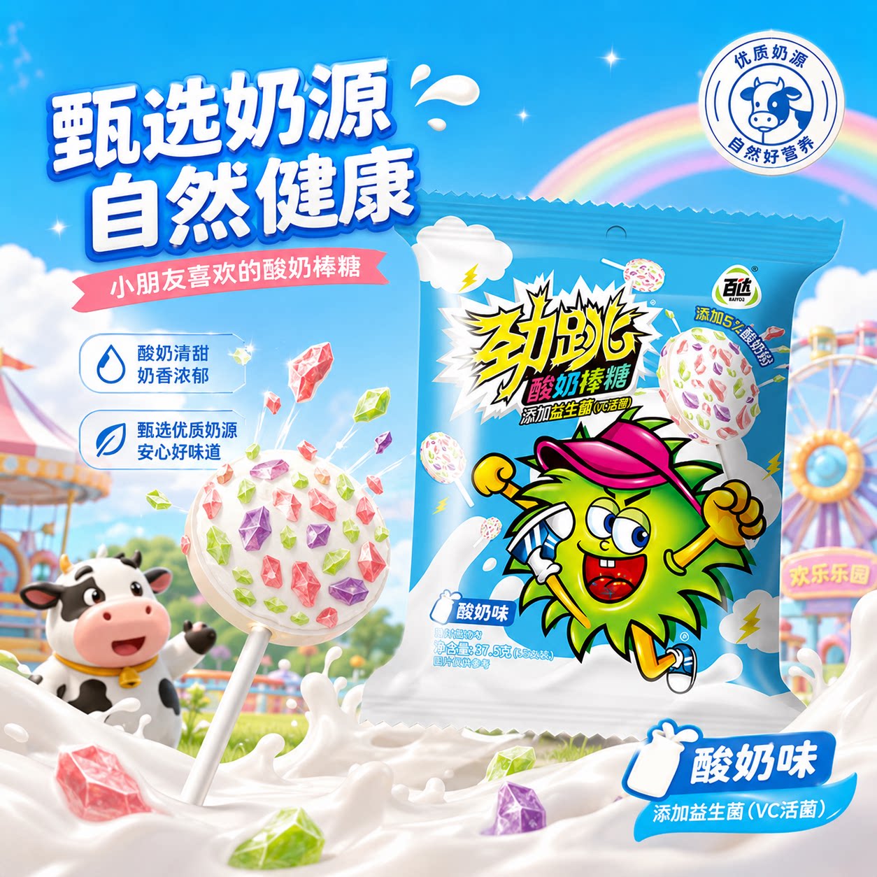 百达劲跳酸奶棒糖含益生菌网红棒棒糖创意趣味压片糖果休闲零食
