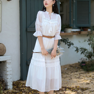 大码微胖高端精致公主裙白色蕾丝连衣裙女夏季新款海边度假仙女裙