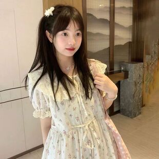 夏季新款学院风娃娃领泡泡袖连衣裙女学生韩版宽松中长款碎花裙子