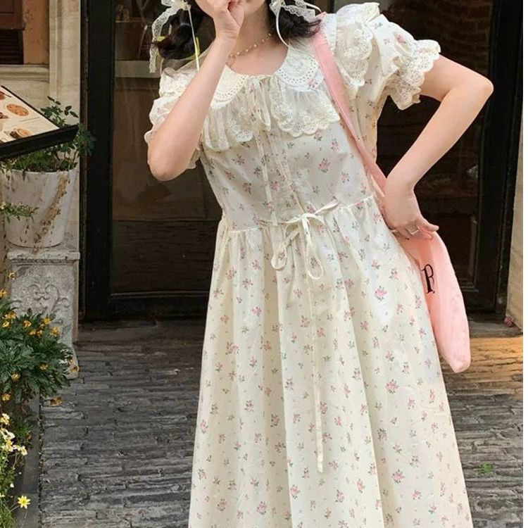 夏季新款学院风娃娃领泡泡袖连衣裙女学生韩版宽松中长款碎花裙子