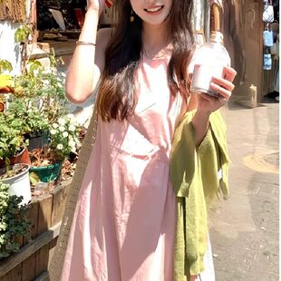 夏季 法式 新款 吊带连衣裙子女装 小众设计感长裙 气质小个子粉色无袖
