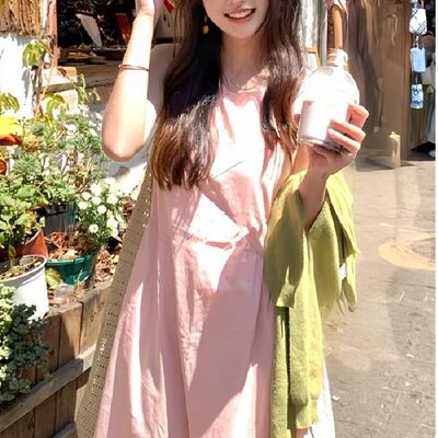 法式气质小个子粉色无袖吊带连衣裙子女装新款夏季小众设计感长裙