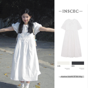 2025夏季 初恋少女减龄学院风中长裙 甜美白色连衣裙宽松显瘦泡泡袖