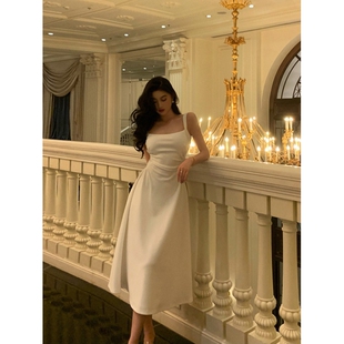 法式白色吊带连衣裙女2025新款收腰裙子高级感领证礼服长裙小个子