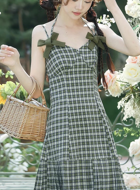 夏季新款学生复古格子蝴蝶结修身