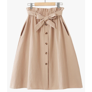 A字半身裙女 小个子纯色大摆文艺纽扣口袋纯棉中长款 2025夏季 新款