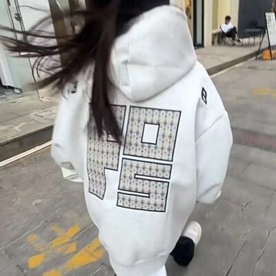 美式高级感vibe字母刺绣连帽卫衣女秋冬季休闲百搭藏青色加绒帽衫