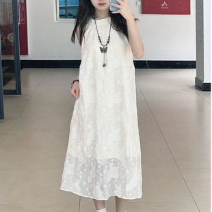 海边度假裙子气质高级感露肩无袖 甜美雪纺挂脖连衣裙仙女夏季 长裙