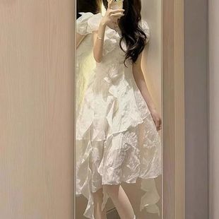 仙女风梦游爱丽丝白色法式茶歇连衣裙甜辣荷叶边不规则显瘦短裙子