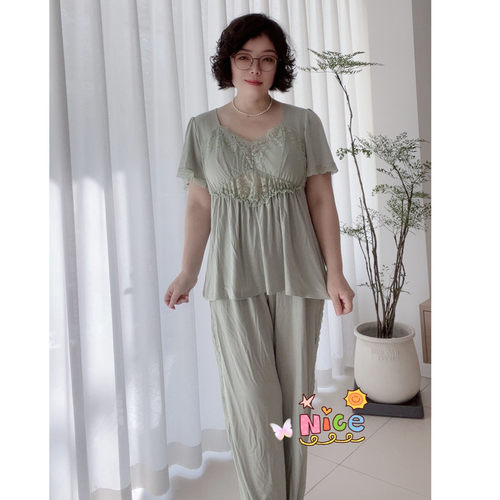 大码女士莫代尔棉半袖长裤套装胸垫款可拆舒适胖MM家居服纯色有兜