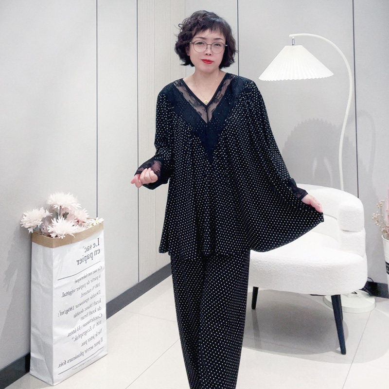 新款大码蕾丝V领女士睡衣九分袖九分裤套装胖m200斤家居服莫代尔
