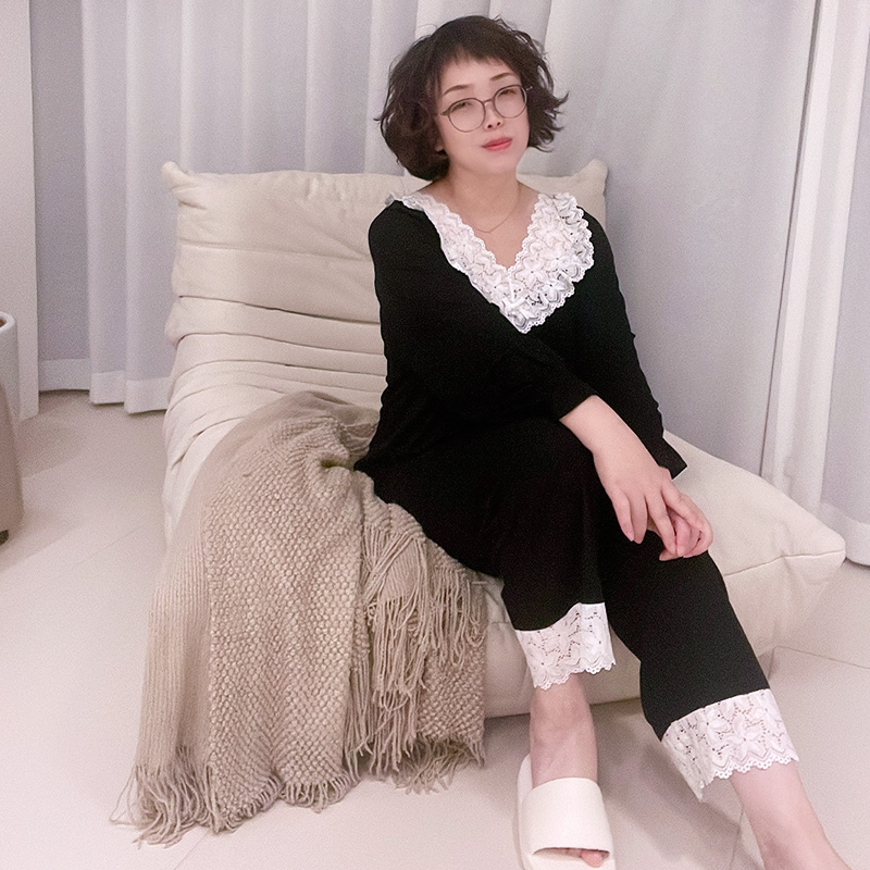 新款大码韩版蕾丝V领女士睡衣九分袖裤套装胖m家居服螺纹莫代尔