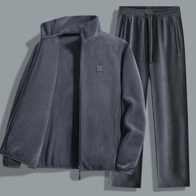 奥利绒加绒卫衣套装男秋冬季立领加厚抓绒衣外套休闲运动服两件套