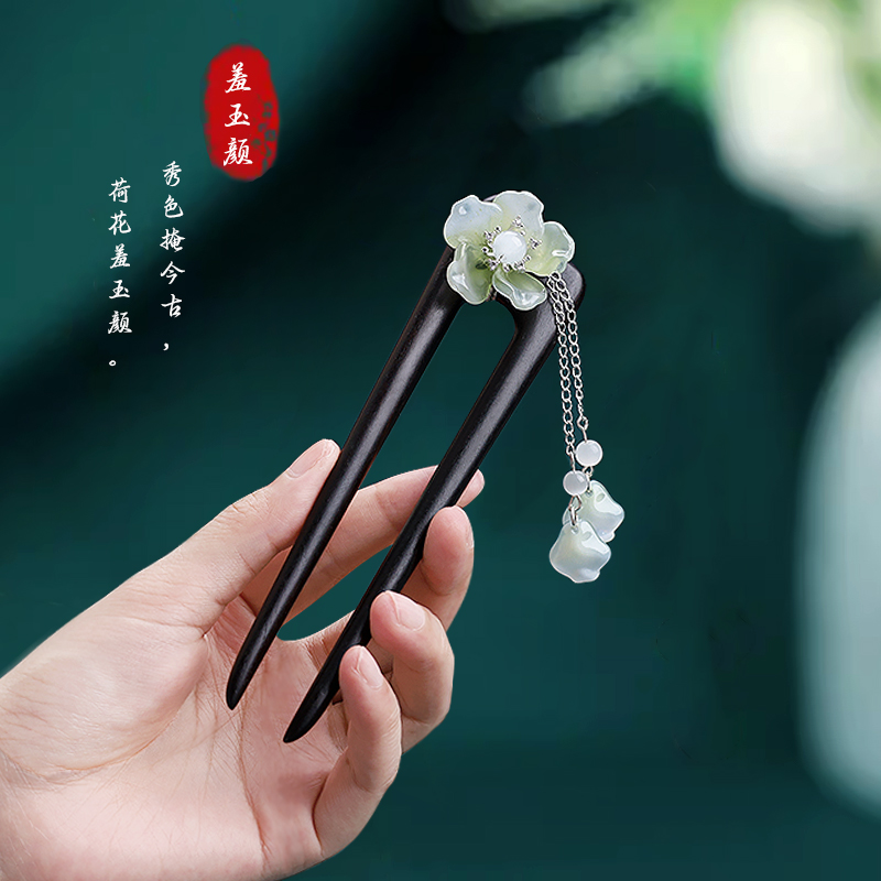 双钗发簪黑檀木新中式盘发头饰