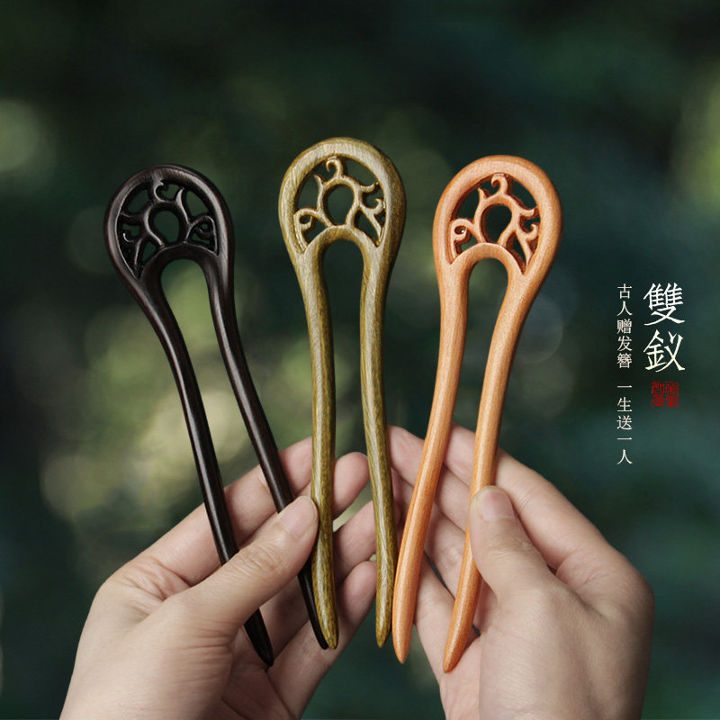 双钗发簪檀木日常简约盘发木簪子图片