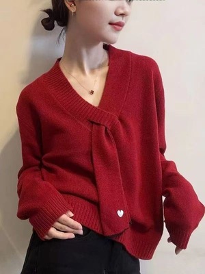 大码女装新年红色围脖假两件毛衣针织衫秋冬本命年新款打底衫上衣