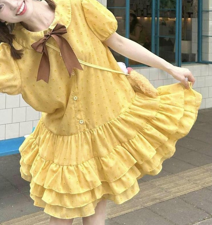大码微胖mm黄色波点蛋糕裙夏季连衣裙娃娃领甜美可爱宽松裙子短裙图片