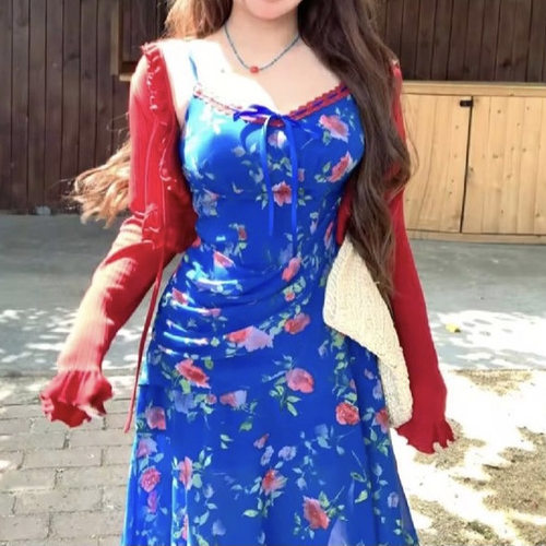 安妮/不火假风碎花吊带连衣裙长袖开衫女春季新款大码显瘦两件套