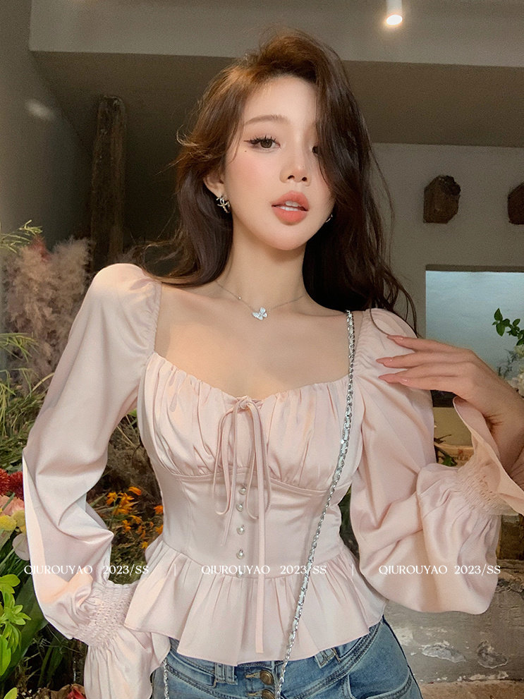 大码女装胖mm设计感衬衫秋季法式漂亮小衫方领收腰遮肚子显瘦上衣图片
