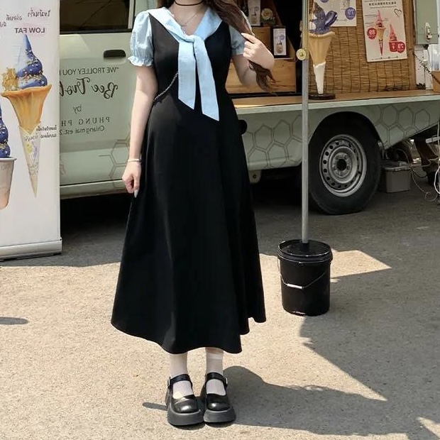 安妮/不火【清莱诗社】学院风收腰显瘦拼色连衣裙