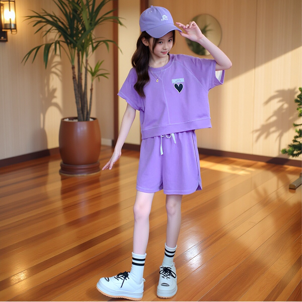女童夏季宽松短袖短裤两件套2025新款甜美休闲夏装中大童运动套装