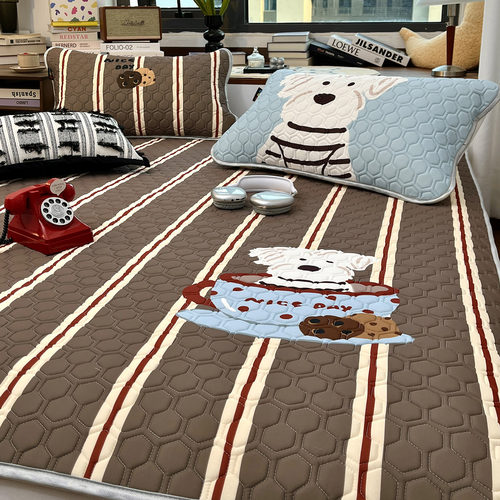 月光巴士美式条纹水洗乳胶席三件套1.8m卡通凉感空调软席冰丝凉席