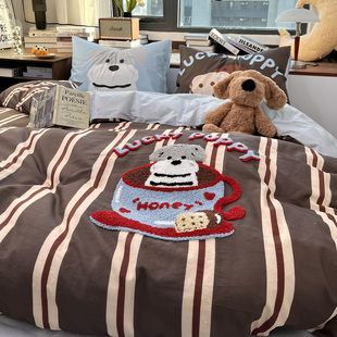 月光巴士美式 条纹卡通毛巾绣全棉床上3四件套1.5床笠纯棉被套床单