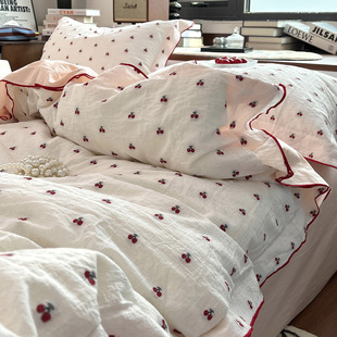 月光巴士ins韩系樱桃全棉水洗棉提花3四件套拷边被套纯棉床单床笠